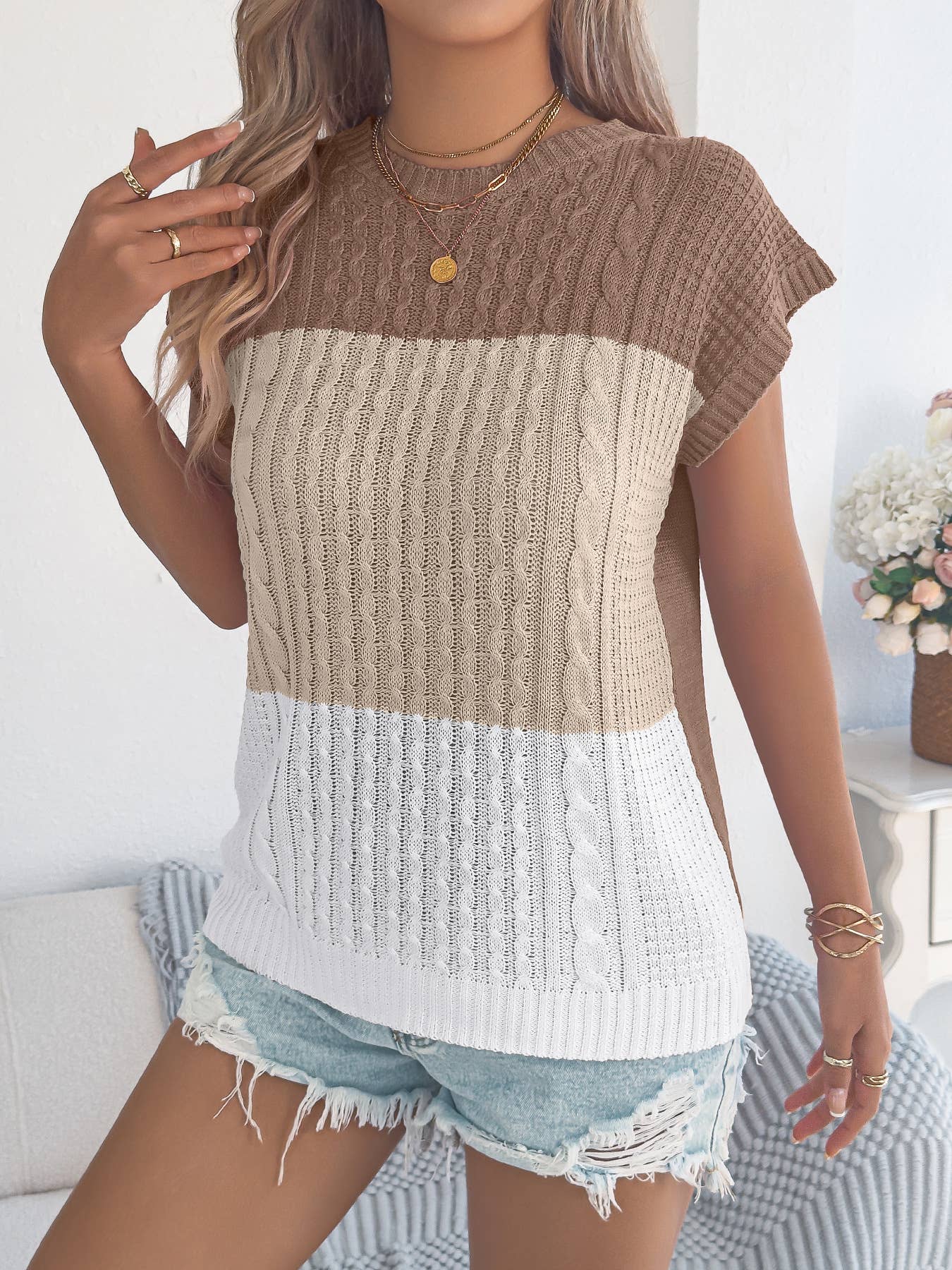 Color Block Cable Knit Short Sleeve Pullover Top