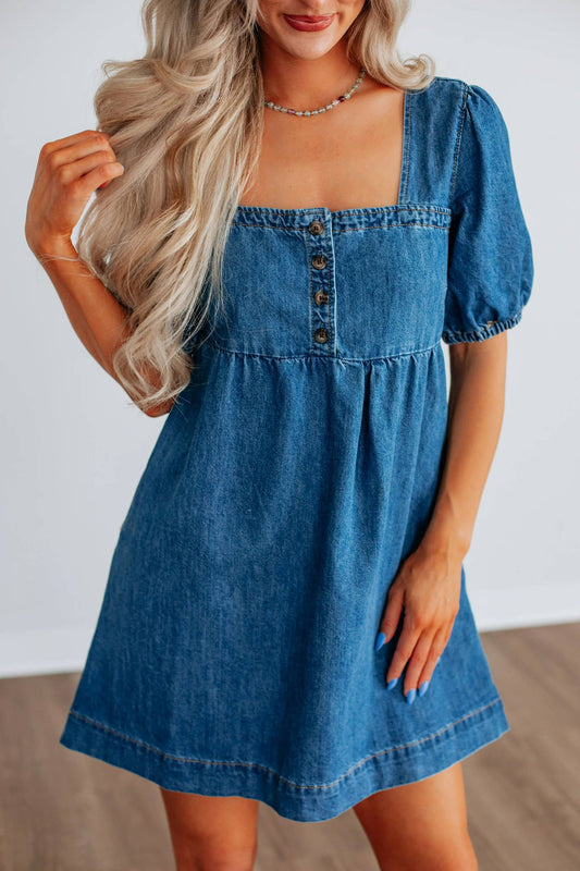 Denim Square Neck Short Puff Sleeve Mini Dress