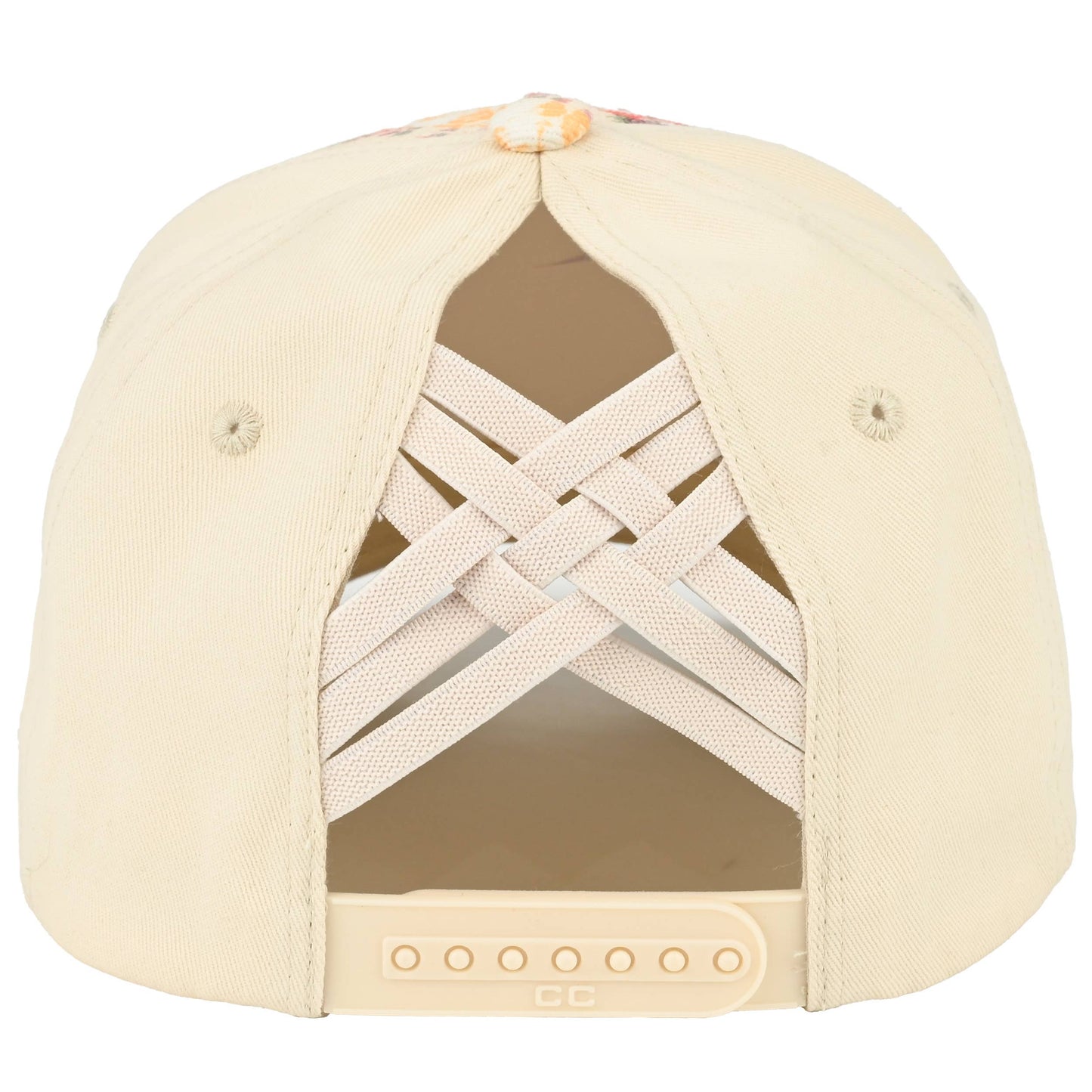 C.C Floral Patchwork Brim Criss-Cross Ponytail Trucker Hat: Beige