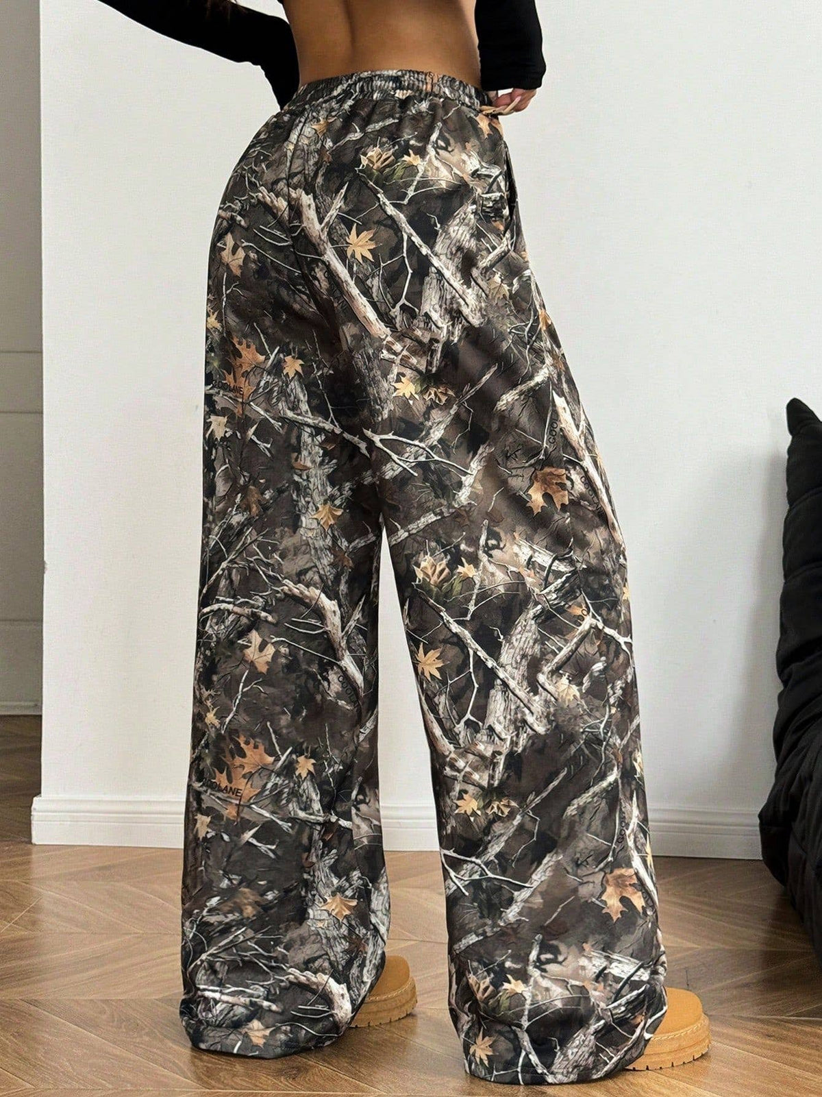 Casual Stretch Corset Camouflage Print Wide-Leg Pants: Brown / L