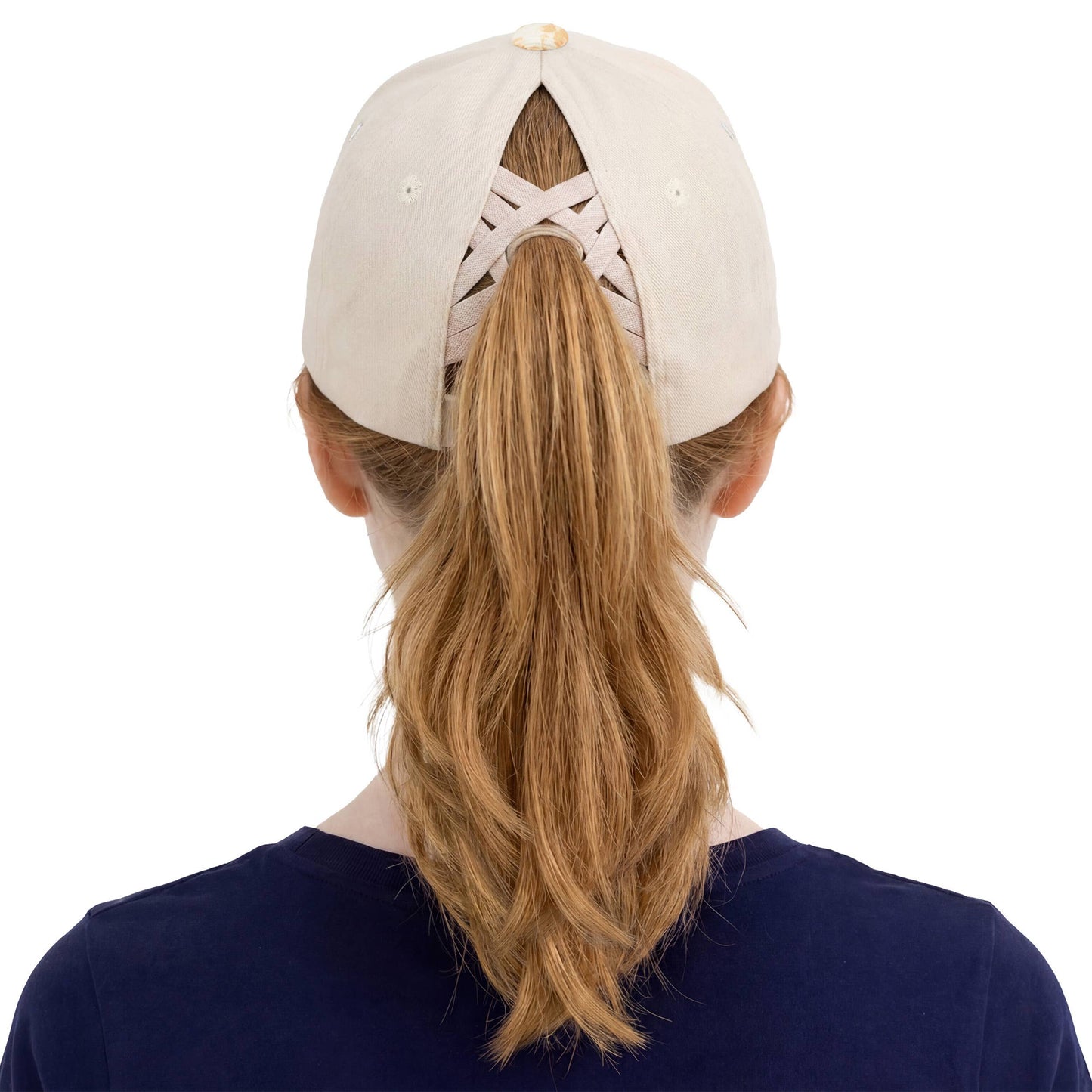 C.C Floral Patchwork Brim Criss-Cross Ponytail Trucker Hat: Beige