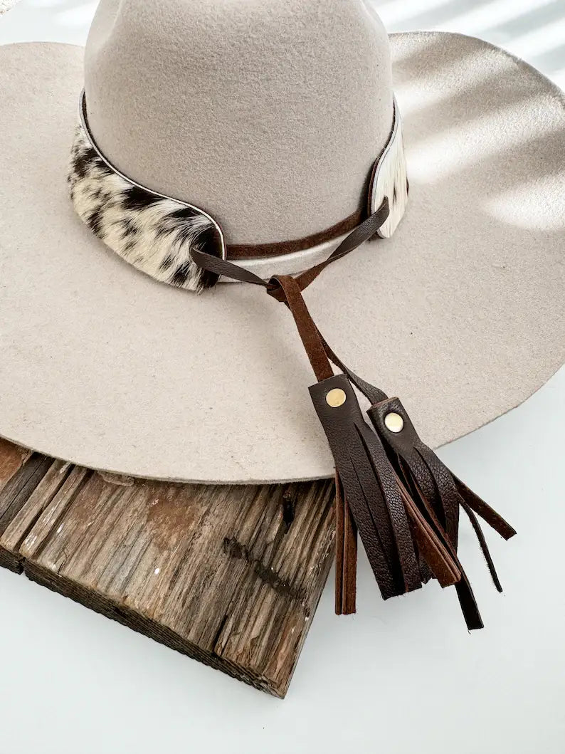1.65” COWHIDE HAT BAND Leather Hat Band leather ties: PINK + SILVER SPECS