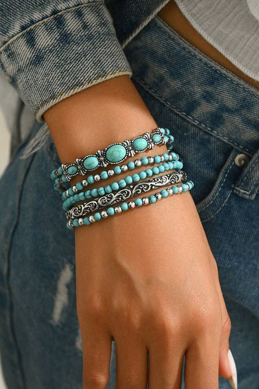 Western Turquoise Beaded Silver 5 Piece Layered Bracelet