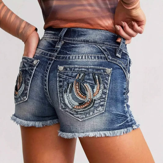 Vintage Embroidered Raw Edge Denim Shorts