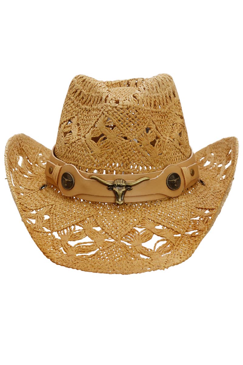 Longhorn Monochrome Belt Crochet Woven Cowboy Hat