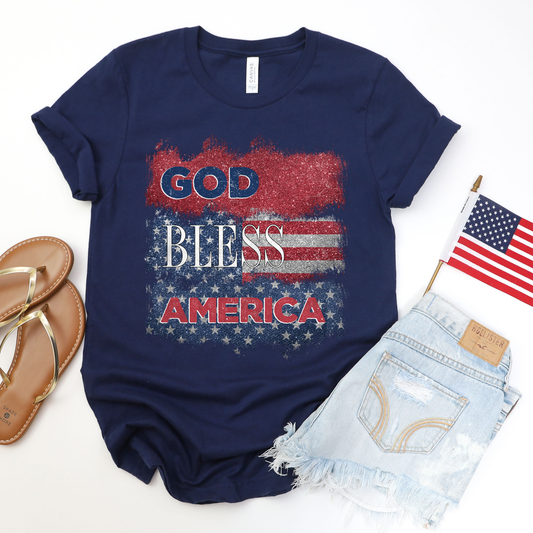 God Bless America Glitter Navy Graphic Tee: 2XL