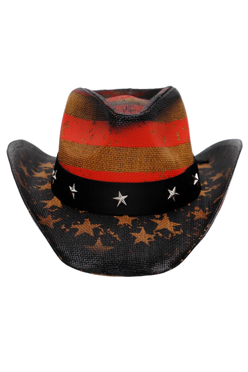 Vintage American Flag Star Brim Straw Cowboy Hat