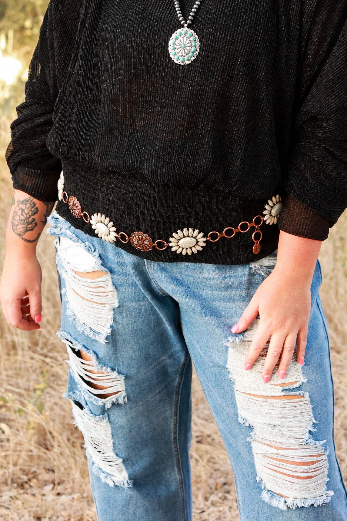 Forever Chasing Cowboys Copper Cream Floral Concho Link Belt Plus Size