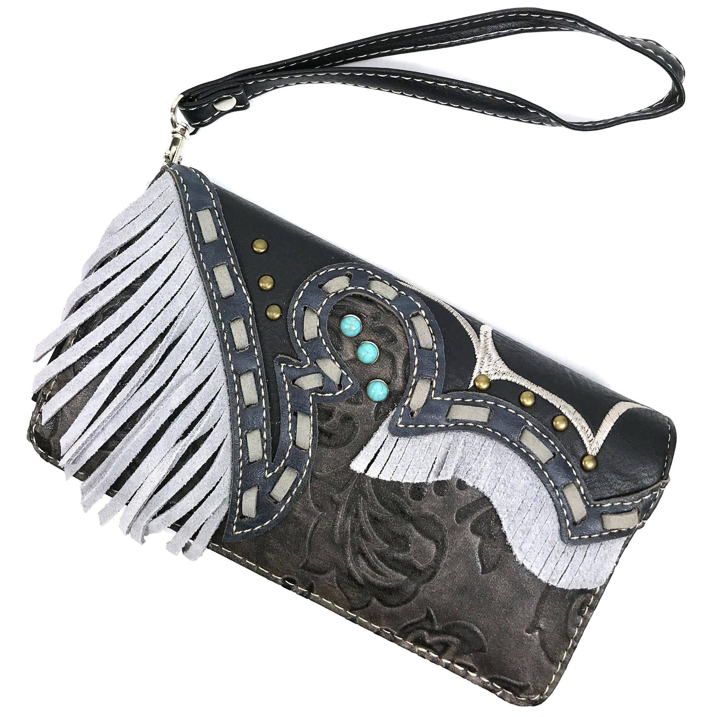 Suede Fringe Western Floral Crossbody Wallet