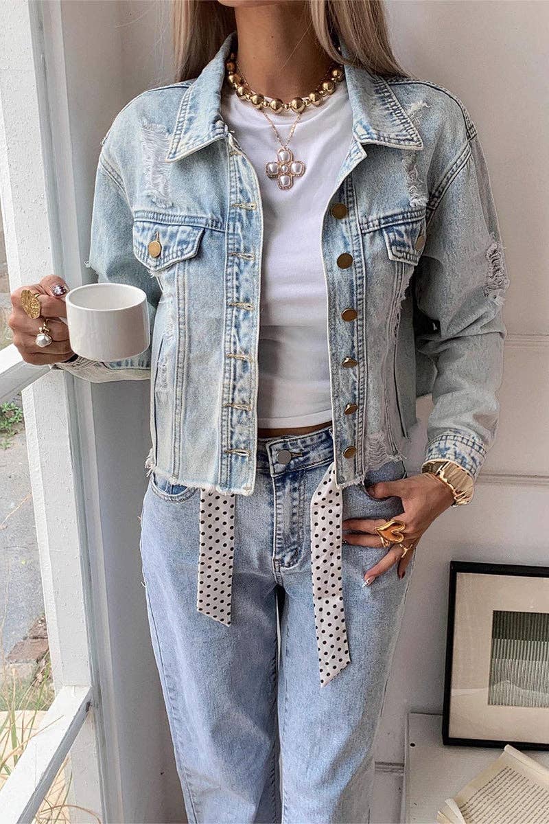 Distressed Casual Denim Jacket: BLUE / XL