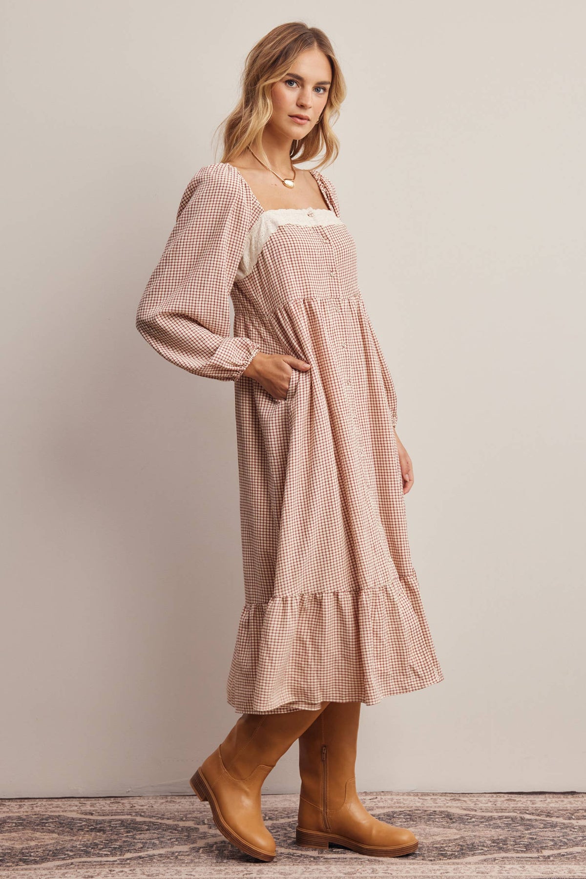Lace Trim Gingham Midi Dress FD0069: Ivory Red / Contemporary / XL