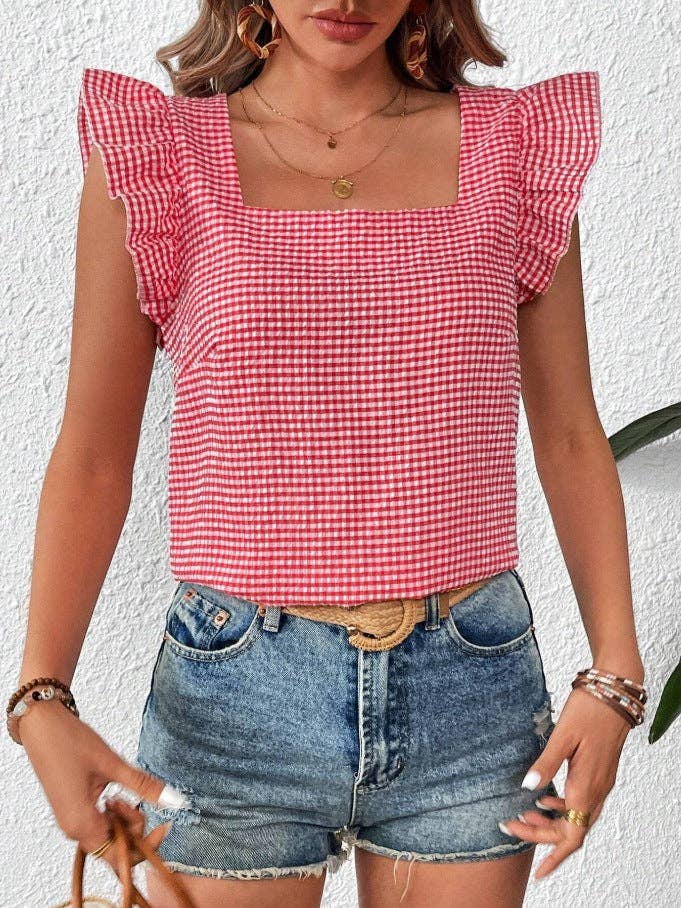 Gingham Square Neck Ruffle Sleeve Blouse