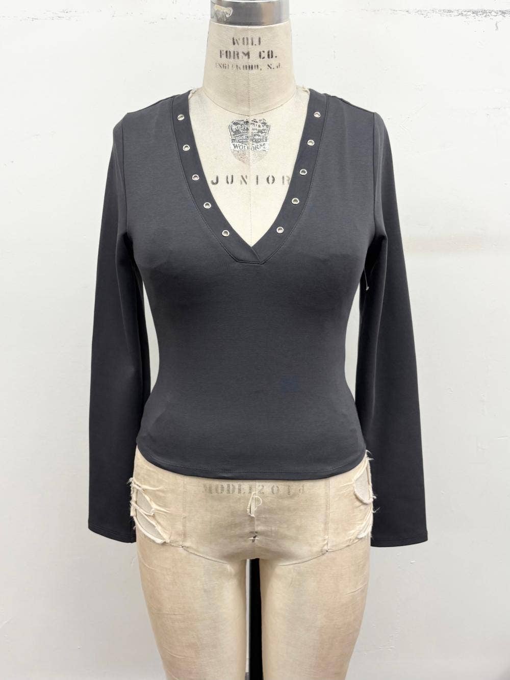 Studded V-Neck Long Sleeve