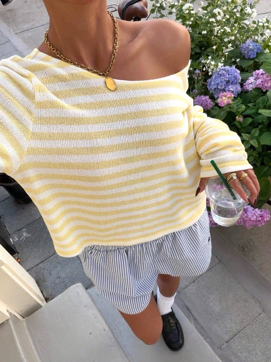 Effortless Chic Off Shoulder Contrast Striped Knit Top: Khaki / M