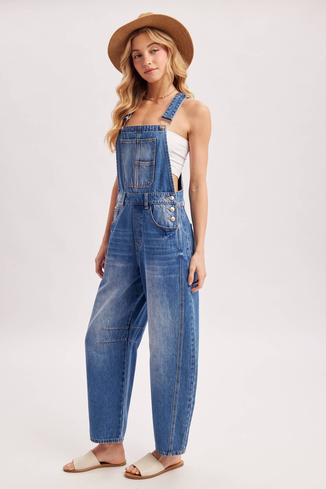 DENIM BARREL OVERALLS: LT.WASH / L