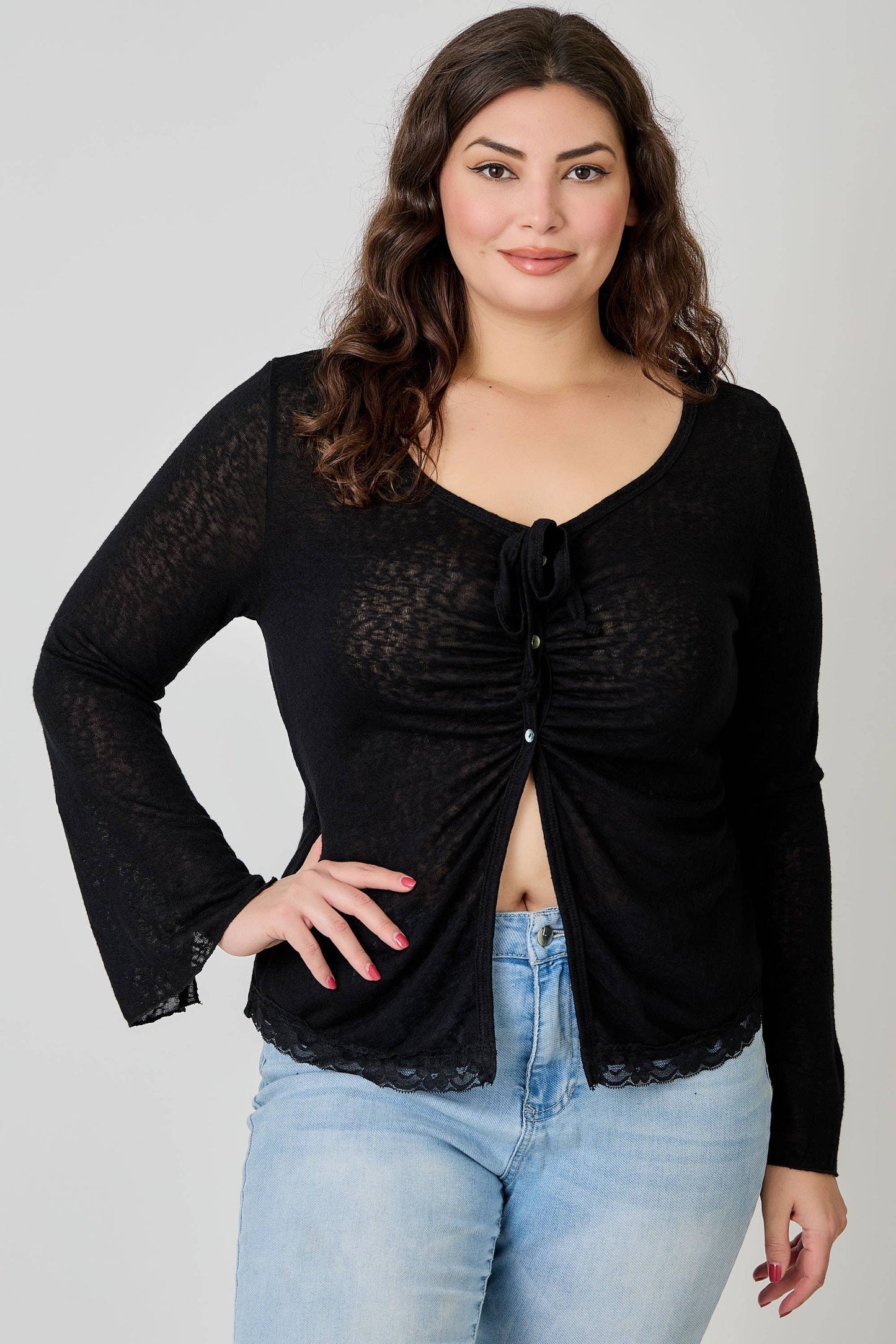 Plus Size Lightweight Knit Front Tie-Front Cardigan