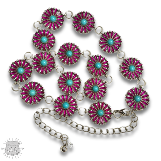 Western flower rhinestone concho link belt