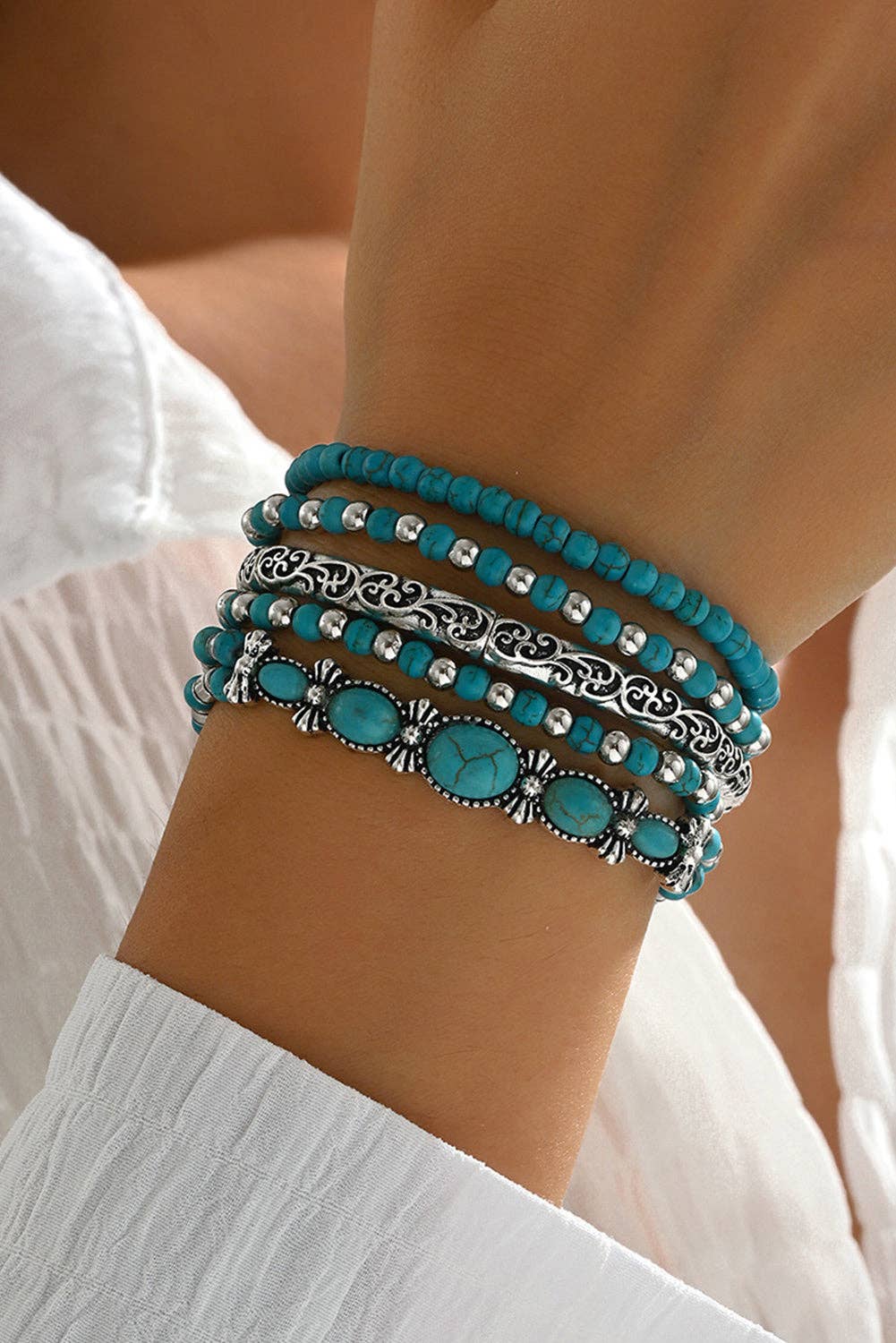 Western Turquoise Beaded Silver 5 Piece Layered Bracelet