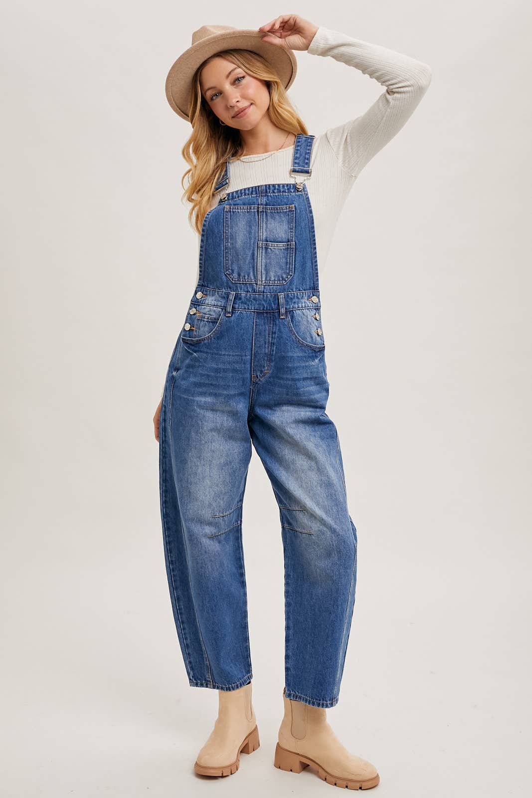 DENIM BARREL OVERALLS: LT.WASH / M