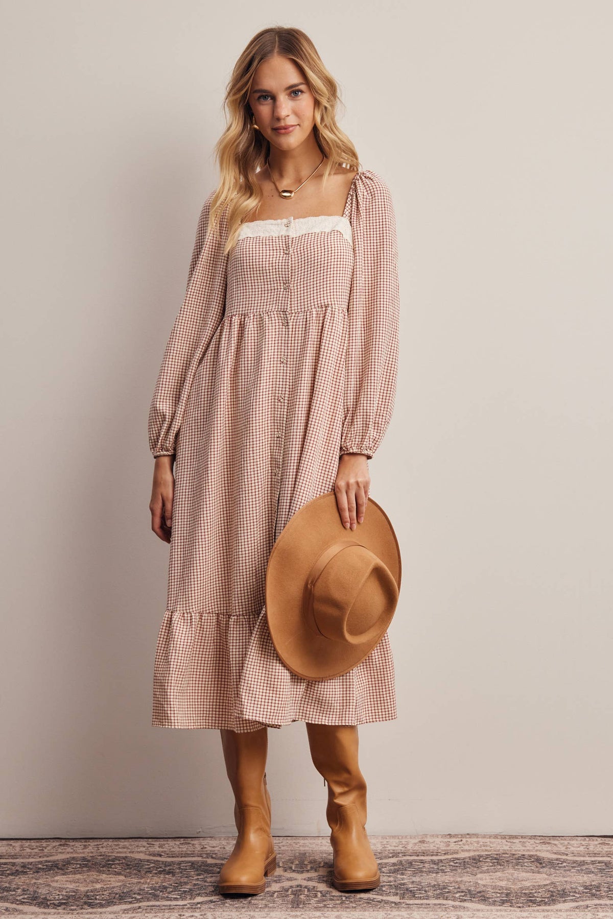 Lace Trim Gingham Midi Dress FD0069: Ivory Red / Contemporary / XL