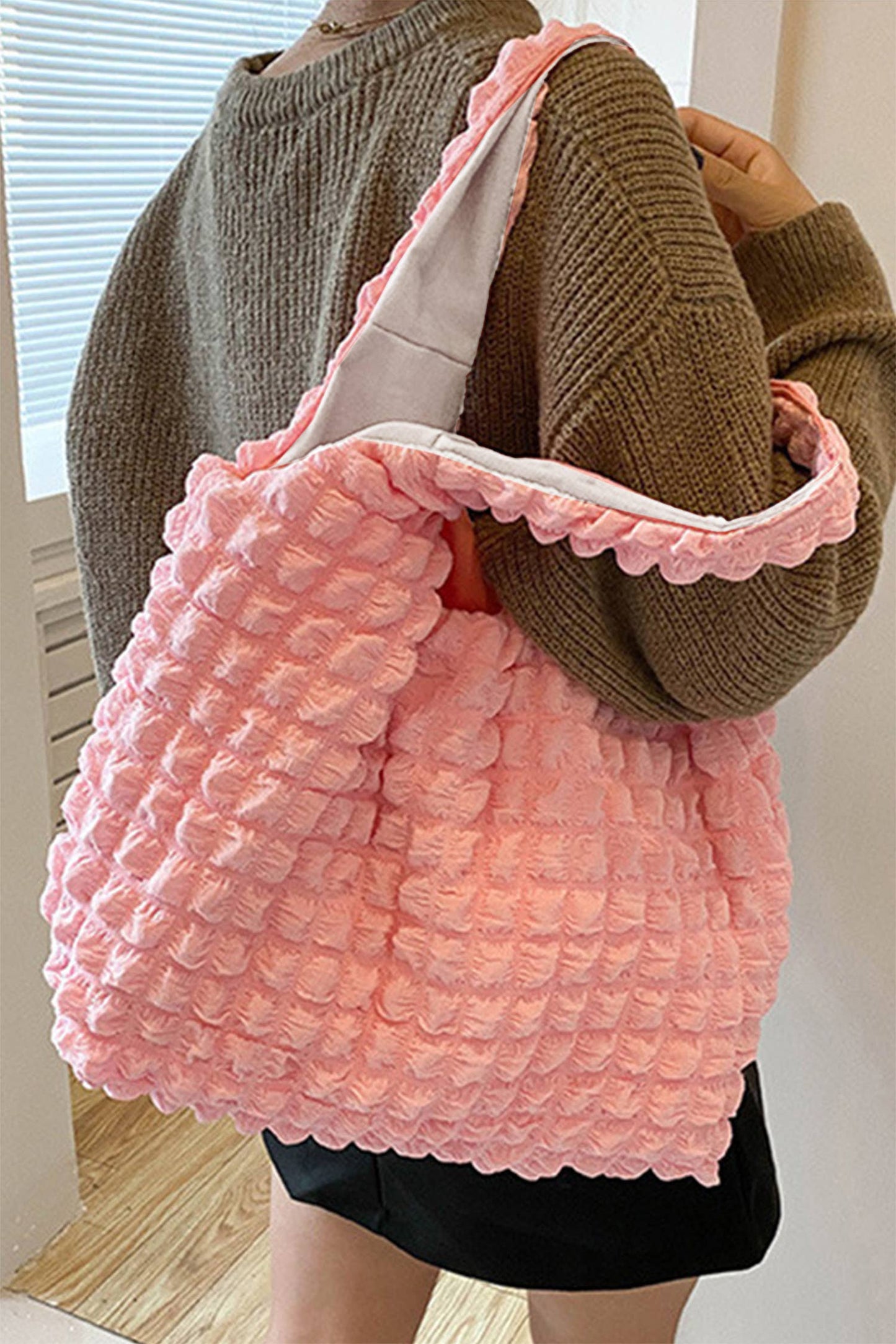 Pink Solid Bubble Textured Large Tote Bag