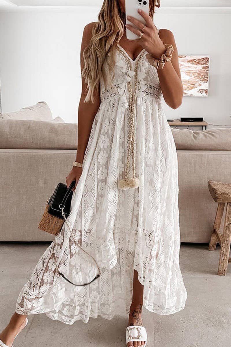 SOLID COLOR LACE SUSPENDER LONG SKIRT DRESS