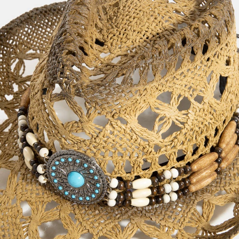 Straw Braided Concho Beaded Strap Cowboy Hat