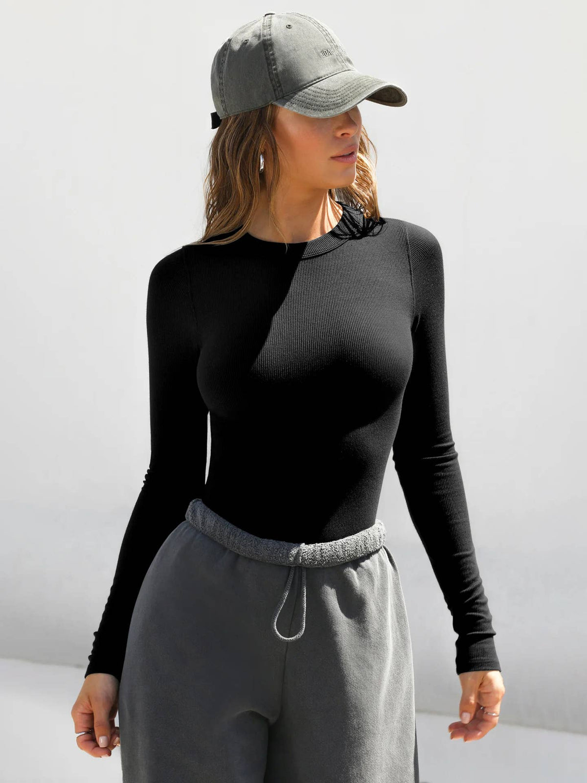 Ribbed Long Sleeve Crop Top: Navy / Missy / L
