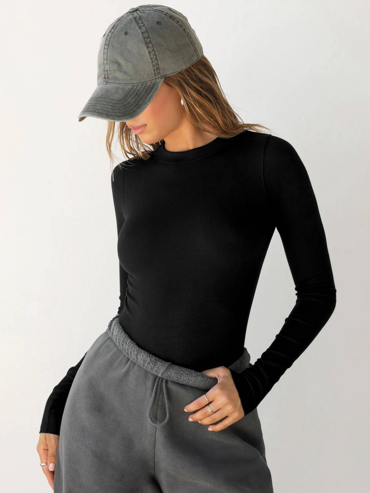 Ribbed Long Sleeve Crop Top: Navy / Missy / M