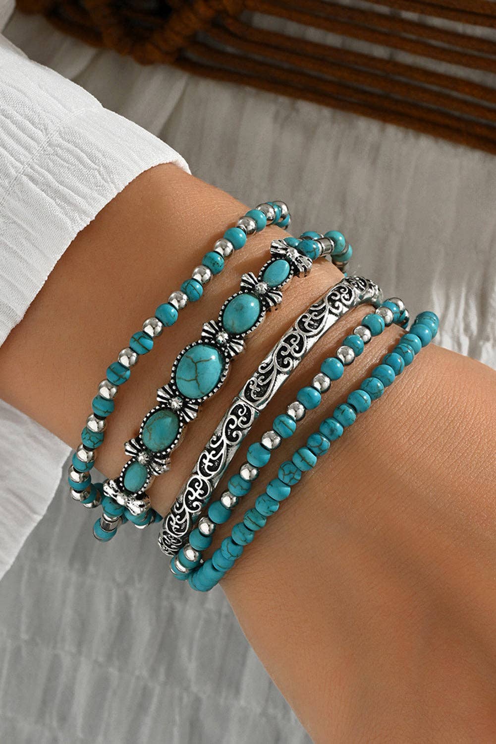 Western Turquoise Beaded Silver 5 Piece Layered Bracelet