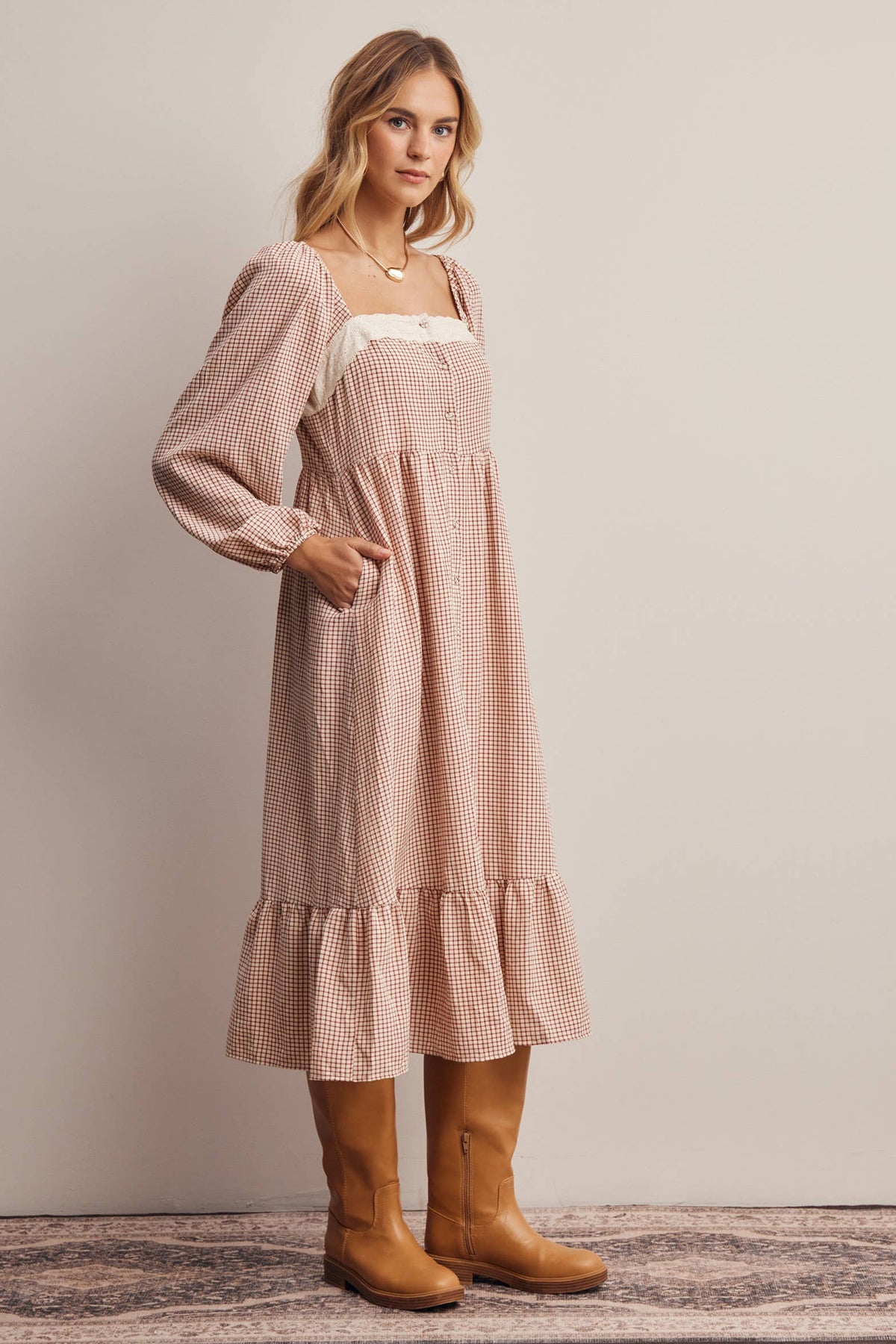 Lace Trim Gingham Dress