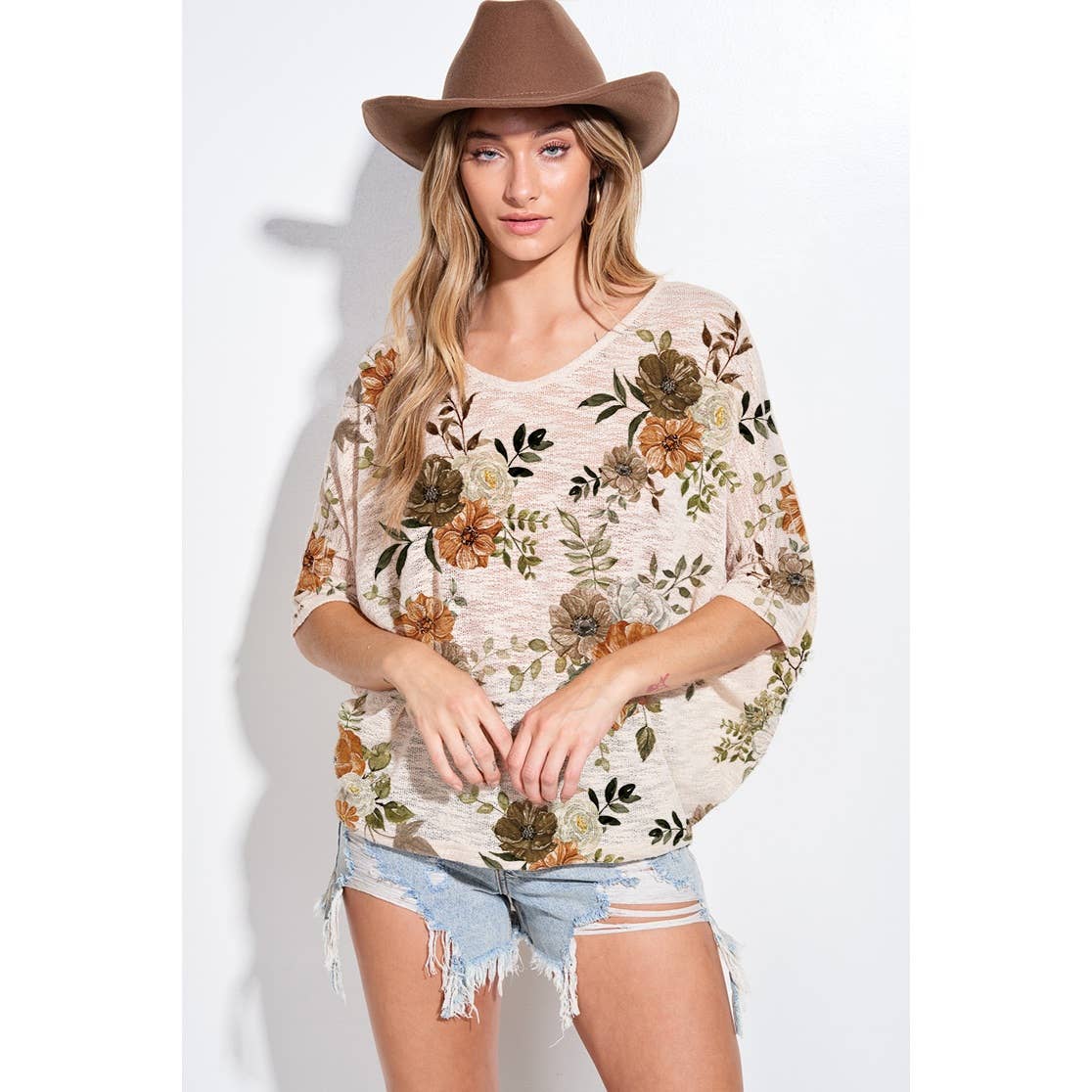 Floral V-neck Three Quarter Sleeve