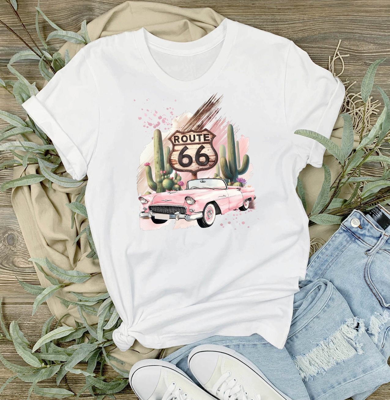 Lace & Hide Route 66 Pink Vintage Car T-Shirt