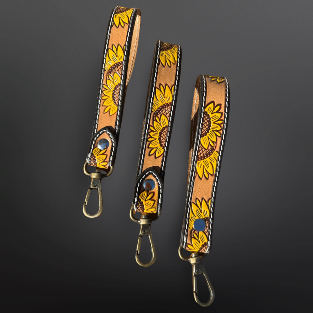 Tooled Leather Sunflower Keychain