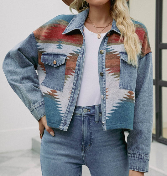 Aztec Patched Denim Cropped Jacket