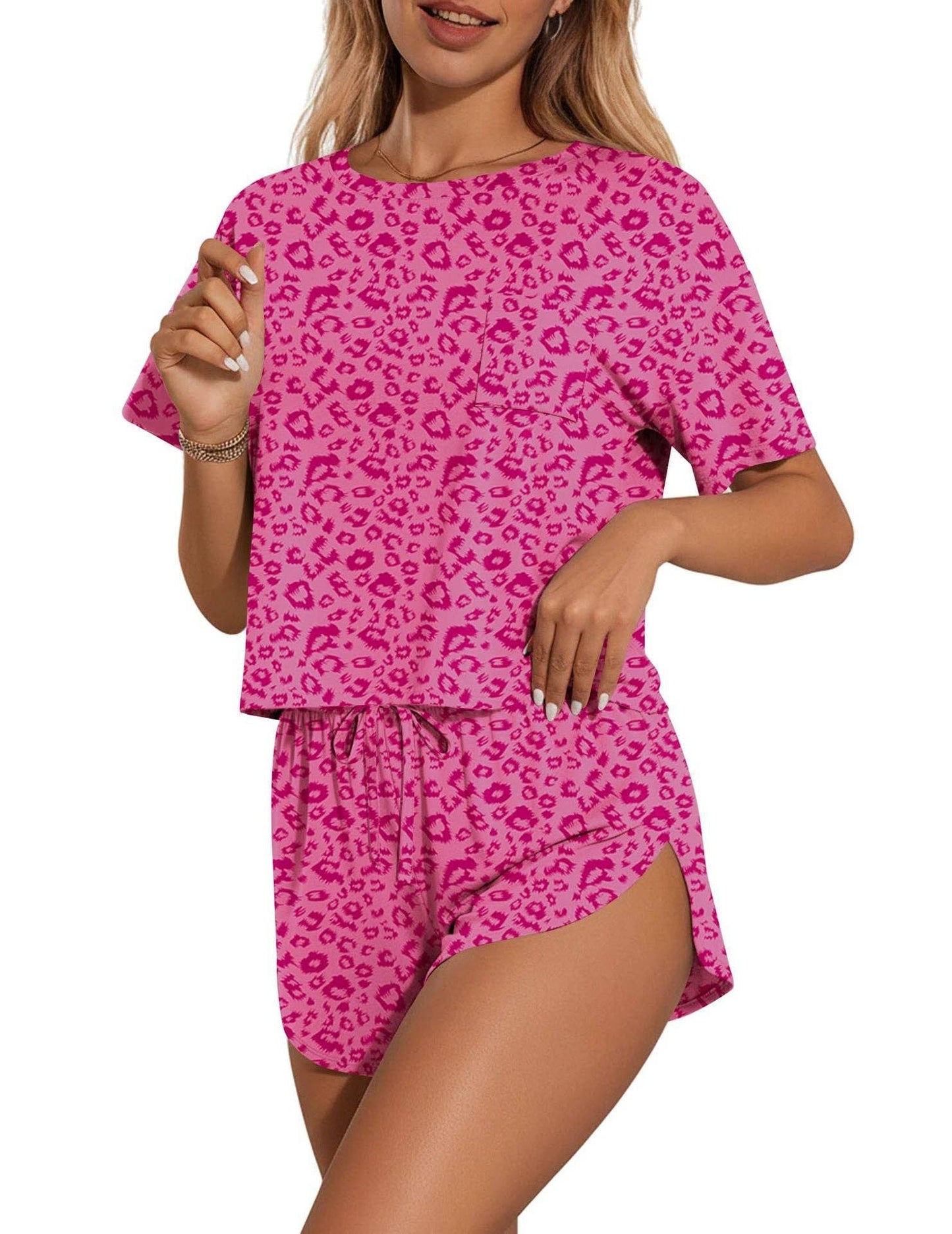 Pink Leopard Print Lounge Set Tee and Drawstring Shorts