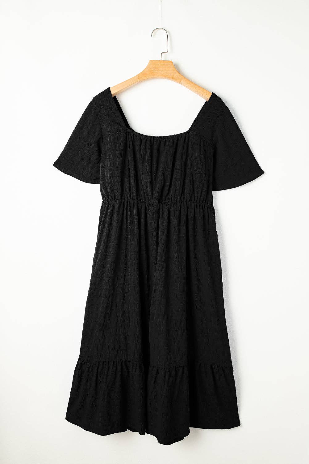 Black Plus Size Short Sleeve Lace-up High Waist Midi Dress: Black / 100%Polyester / 1X