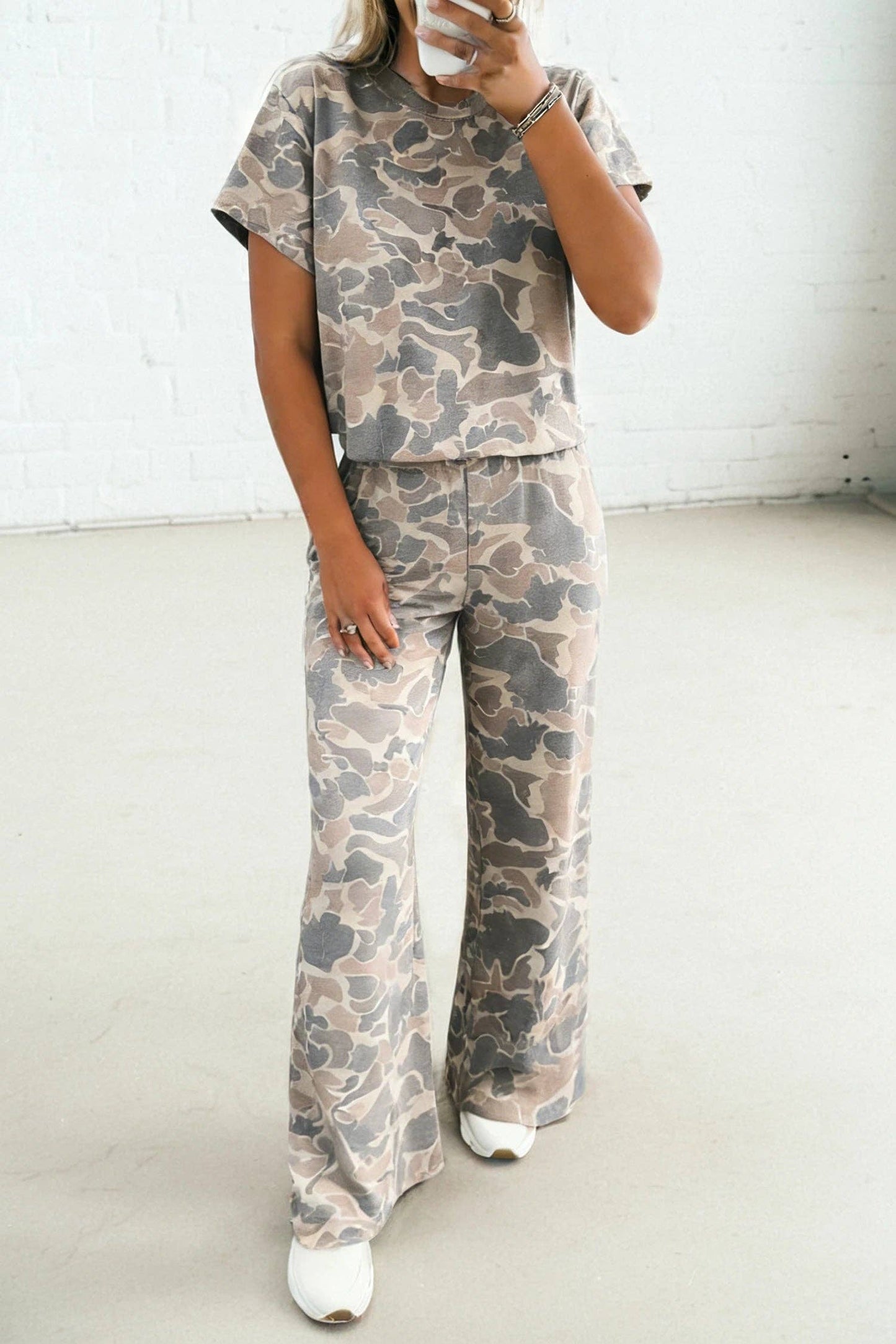 Camo Print Tee and Wide Leg Pants Two Piece Set