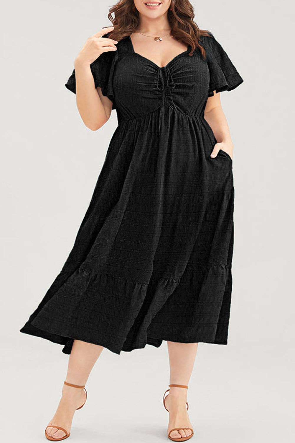 Black Plus Size Short Sleeve Lace-up High Waist Midi Dress: Black / 100%Polyester / 1X