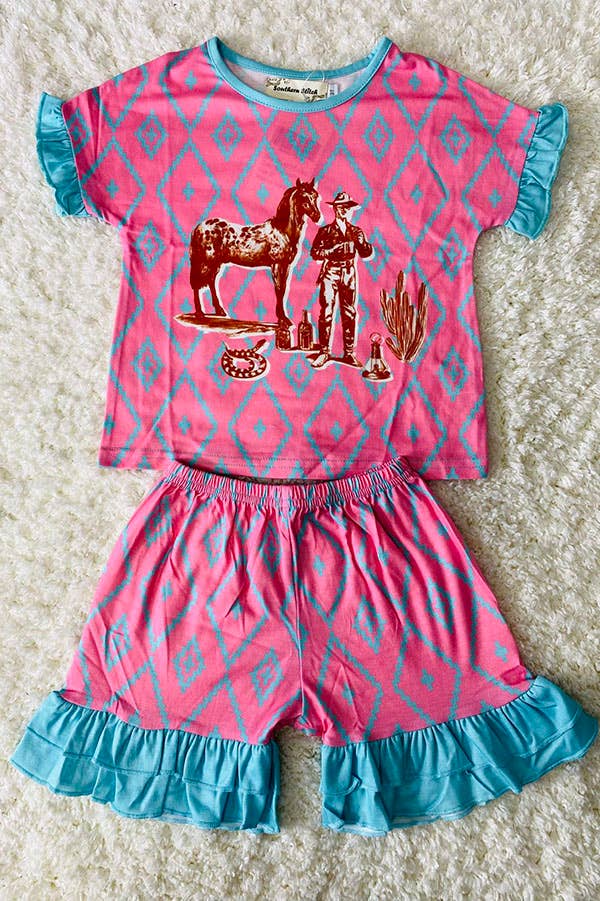 Cute horse cactus western print 2PC girls set XCH0777-15H: 5T