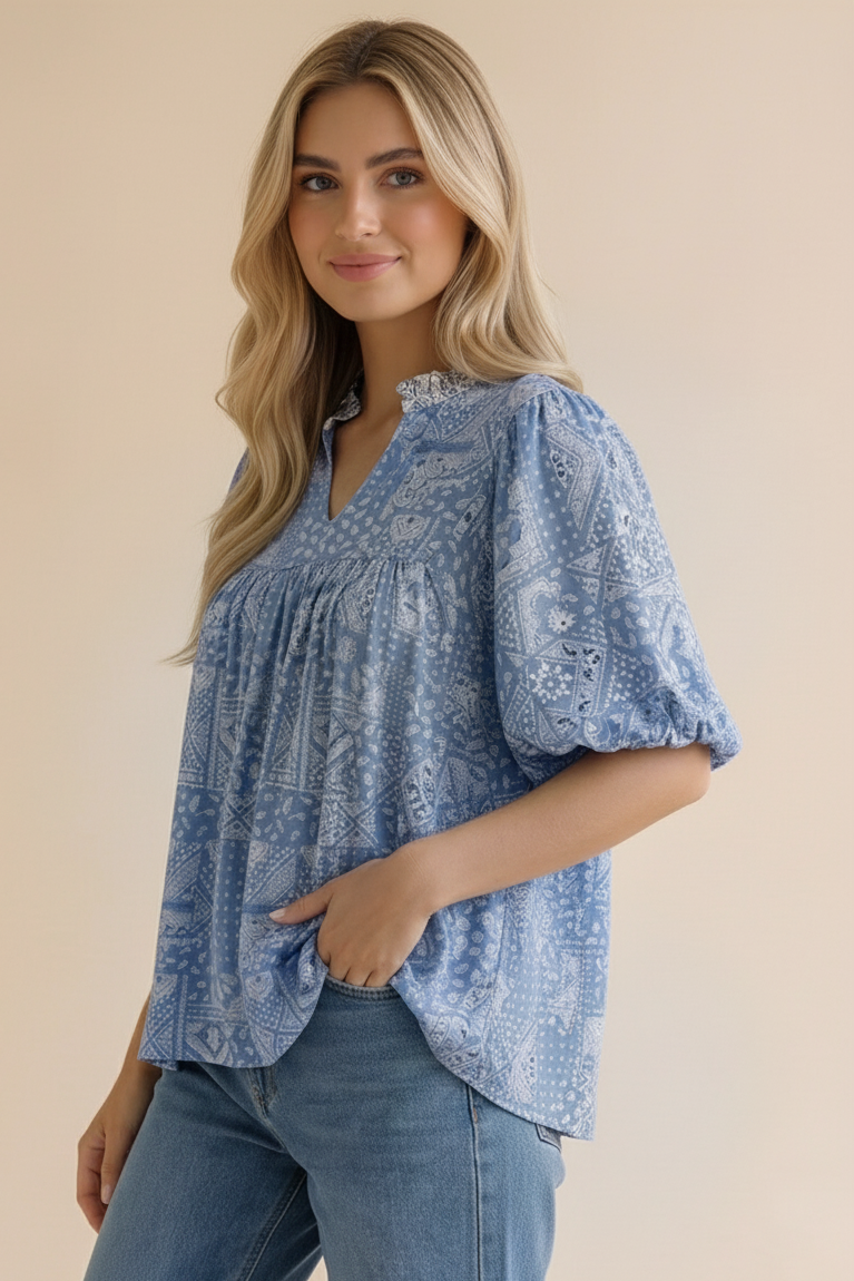 Paisley Boho Print Bubble Sleeve Blouse