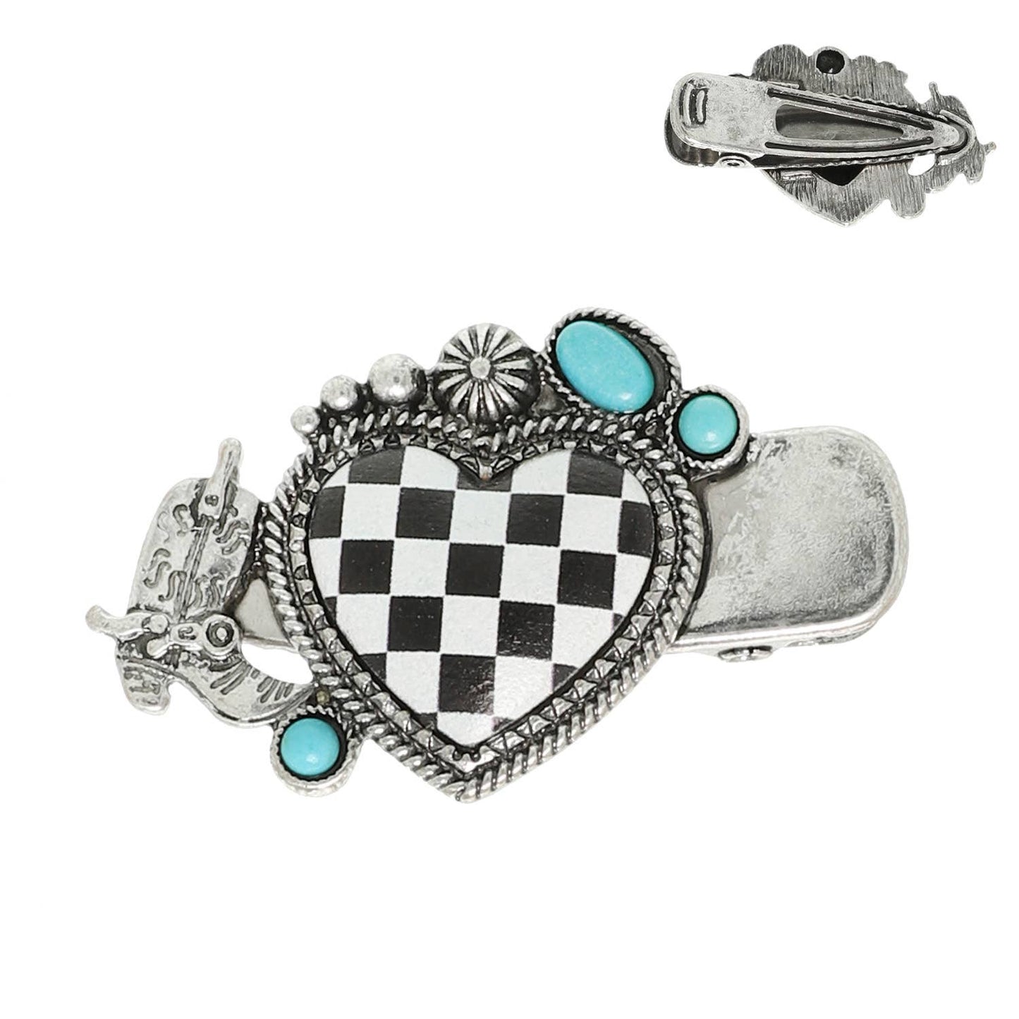 Western Turquoise Checker Heart and Cowboy Boot Hair Pin