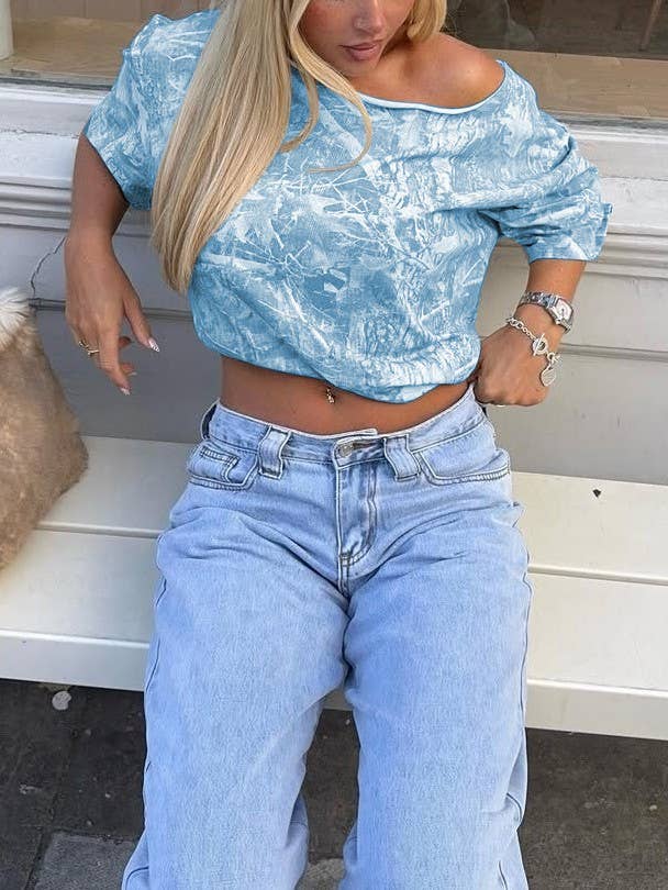 Tree camo printed off the shoulder tees relaxed shirts: Red / L