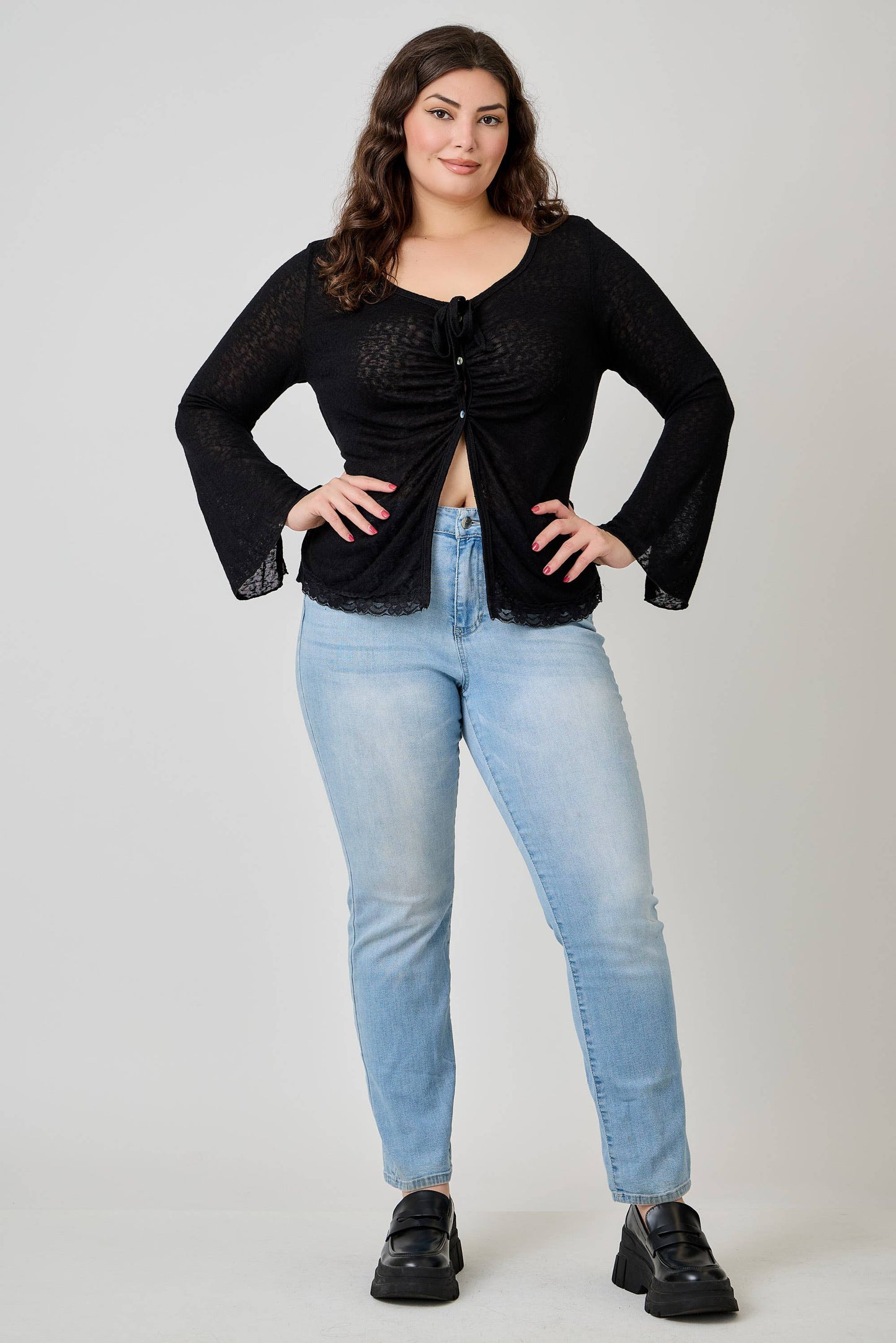 Plus Size Lightweight Knit Front Tie-Front Cardigan