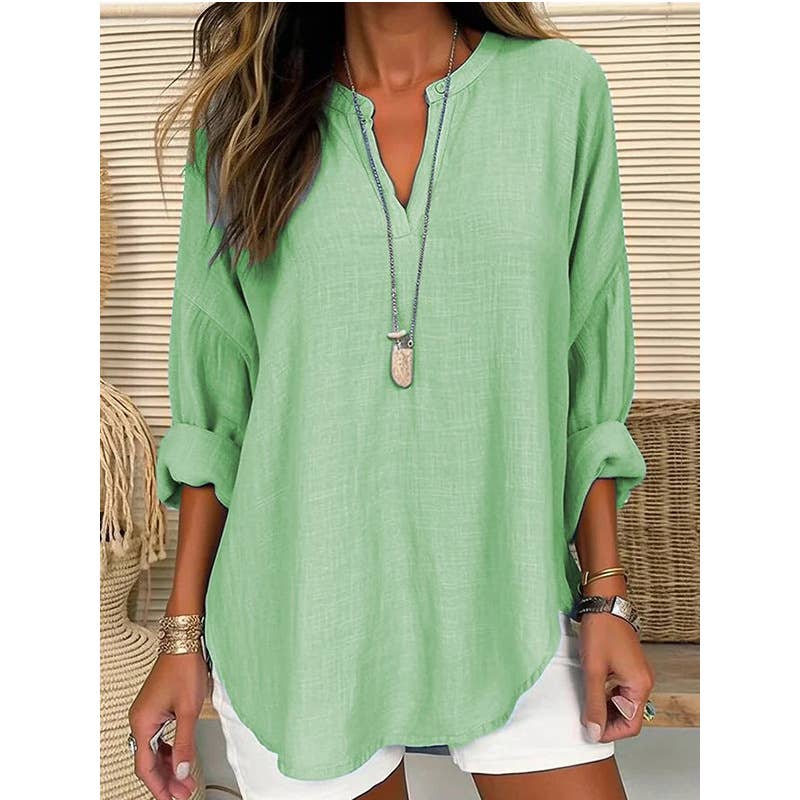 Linen Long Sleeve Casual V Neck Top