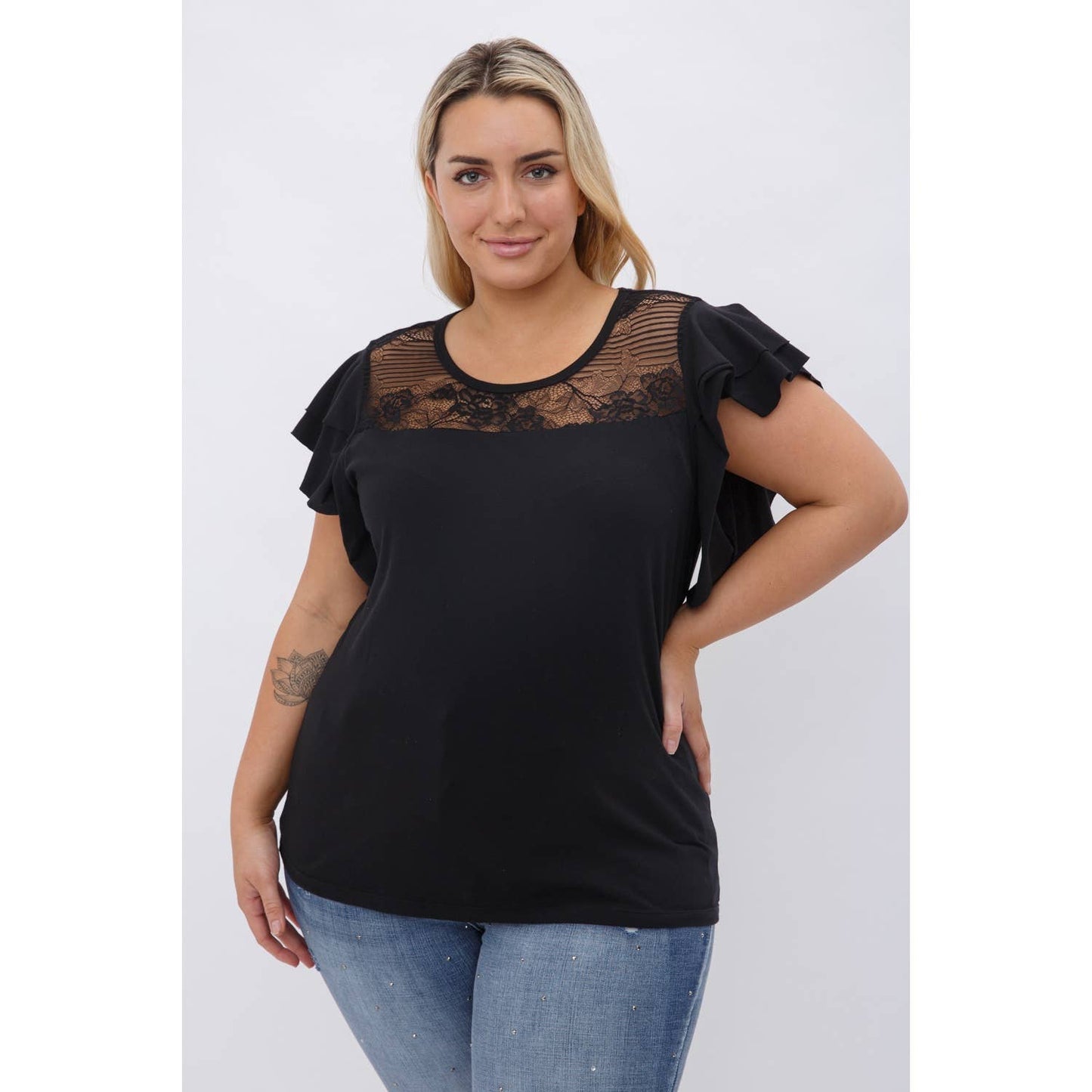 PLUS SIZE CROCHET LACE YOKE RUFFLE SHORT SLEEVE KNIT BLOUSE
