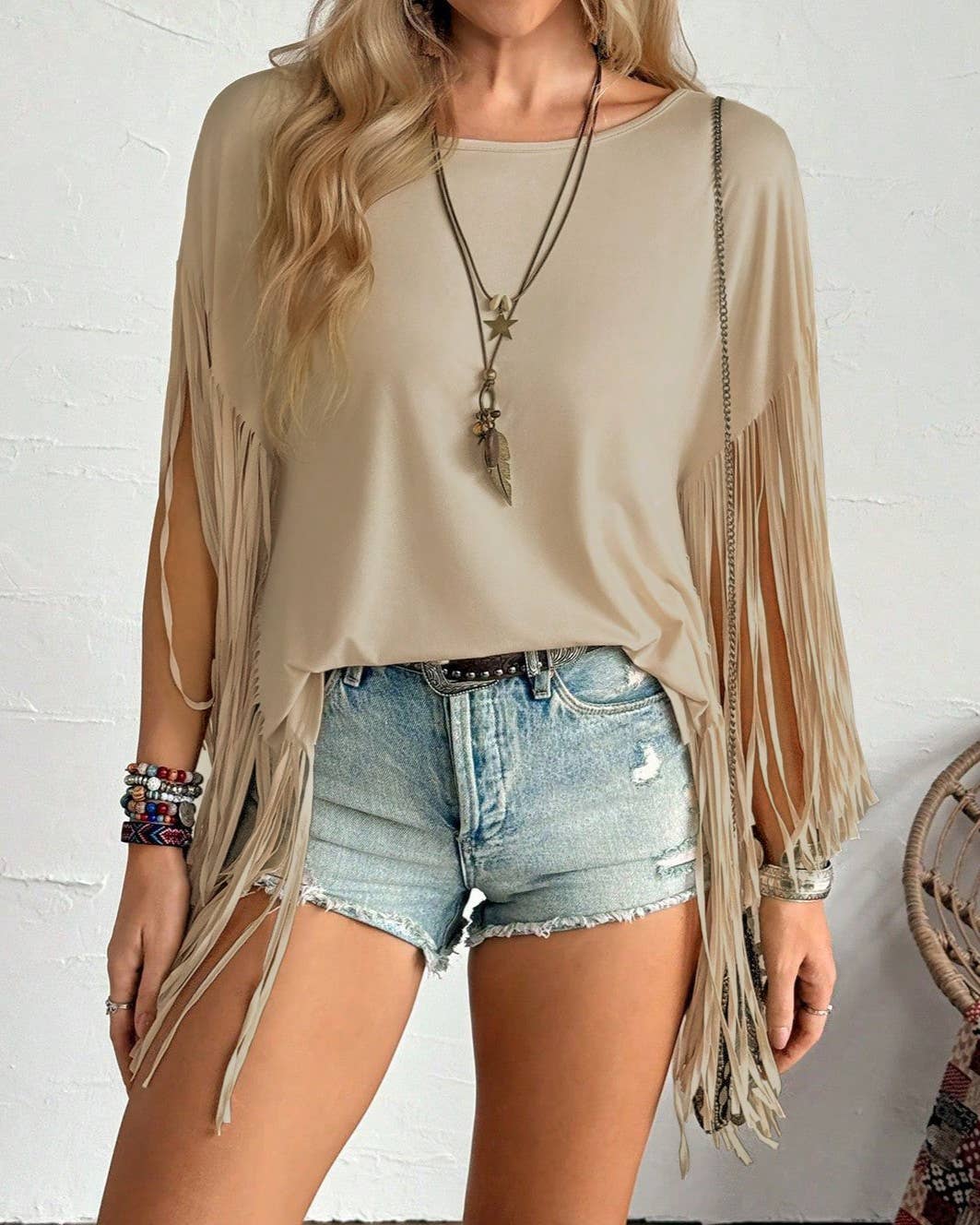 Western Country Concert Fringe Tassel Poncho Top: Coffee / XL