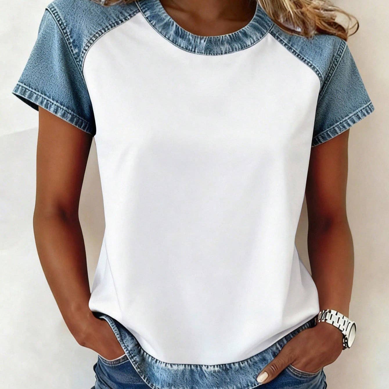 Women White Contrast Trim Short Sleeve Casual T Shirt: White / 95% Polyester 5% Elastane / S