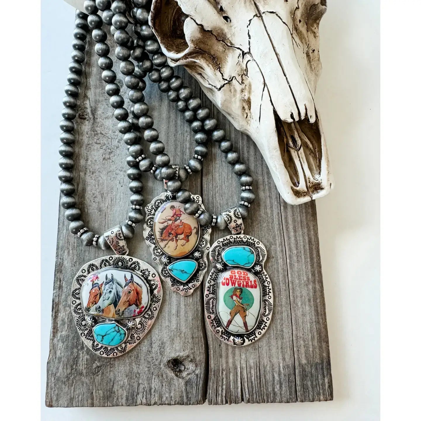 Western Print Pendant Necklace - Navajo Style Pearl: GOD BLESS COWGIRLS