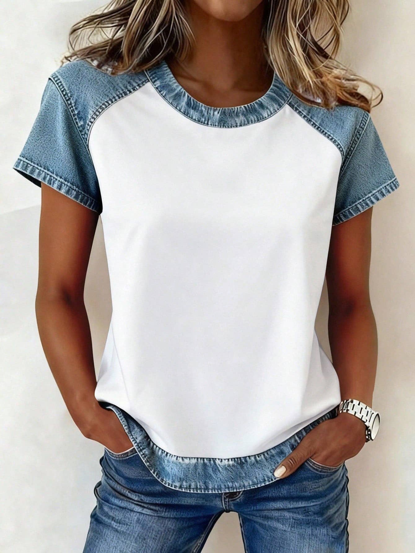 Women White Contrast Trim Short Sleeve Casual T Shirt: White / 95% Polyester 5% Elastane / M